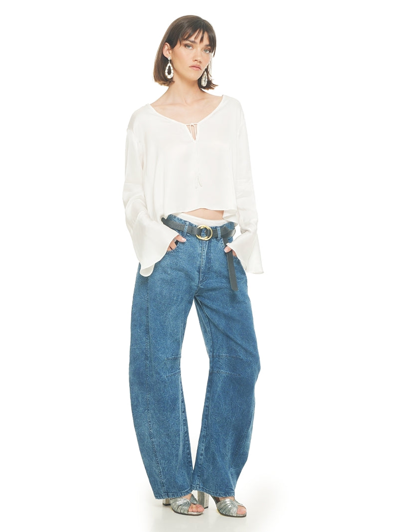 Catch jeans pants styled with Rama top and Margot heels, front view - worn by model
