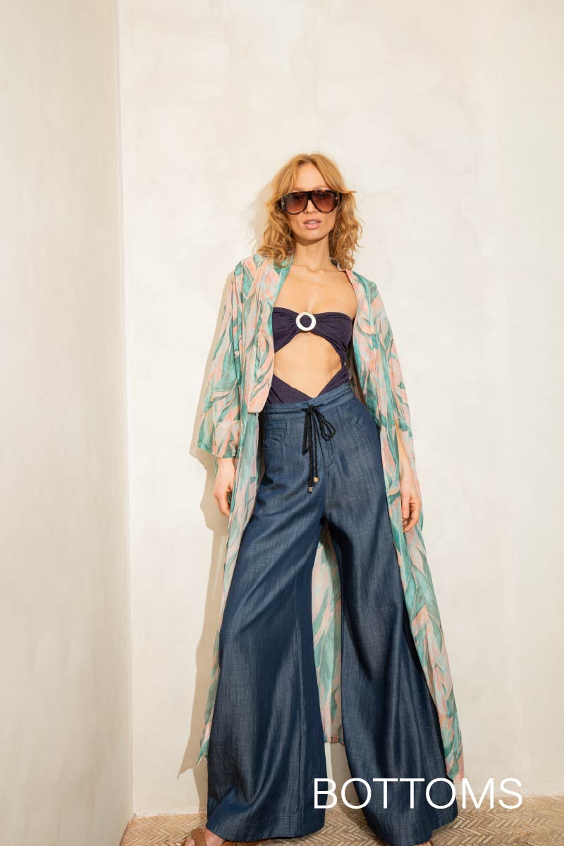 Kyoto maxi kimono styled with Athena one-piece swimsuit and Hera pants, front view - worn by model