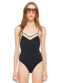 Dega bodysuit in black, front close view - worn by model
