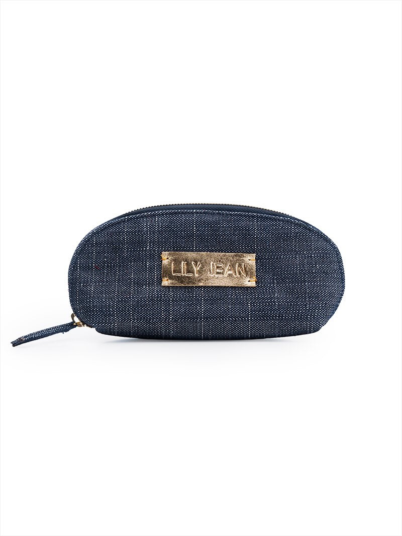 Denim pouch in dark blue for sunglasses - front view