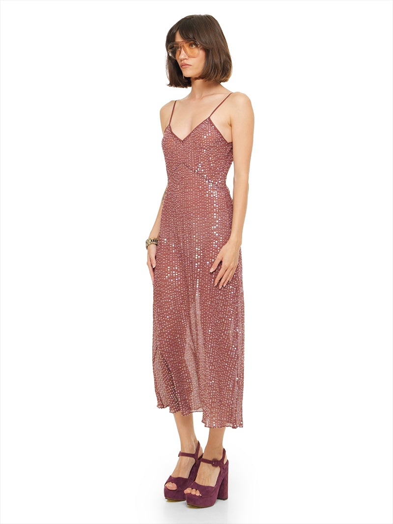 Dily sequin midi dress in wine styled with Betty heels, quarter front view - worn by model