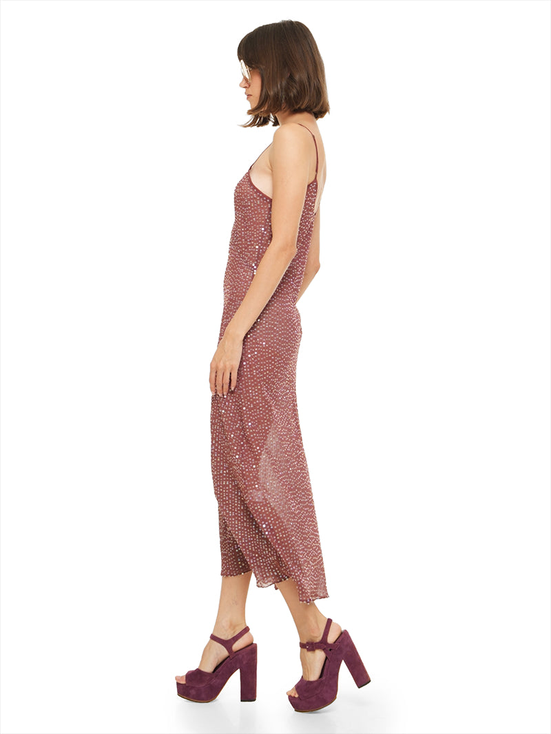 Dily sequin midi dress in wine styled with Betty heels, side view - worn by model