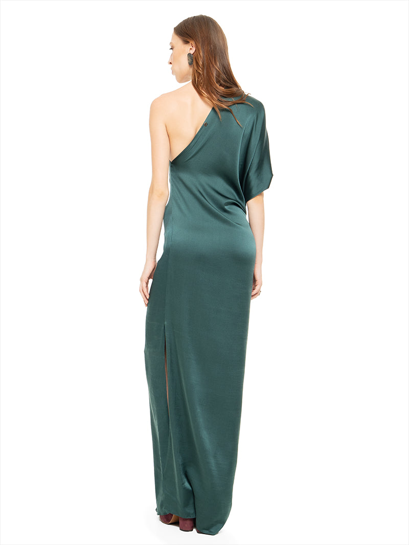Ganesha maxi dress in pine green, back view - worn by model