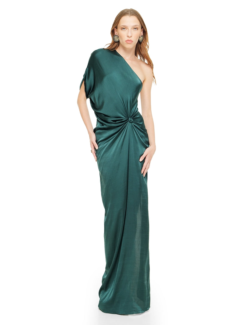 Ganesha maxi dress in pine green color, front view - worn by model