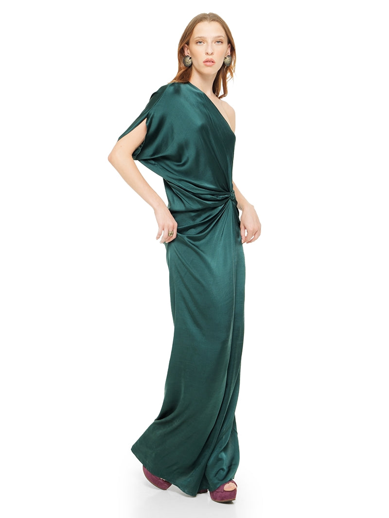 Ganesha maxi dress in pine green color, quarter front view - worn by model