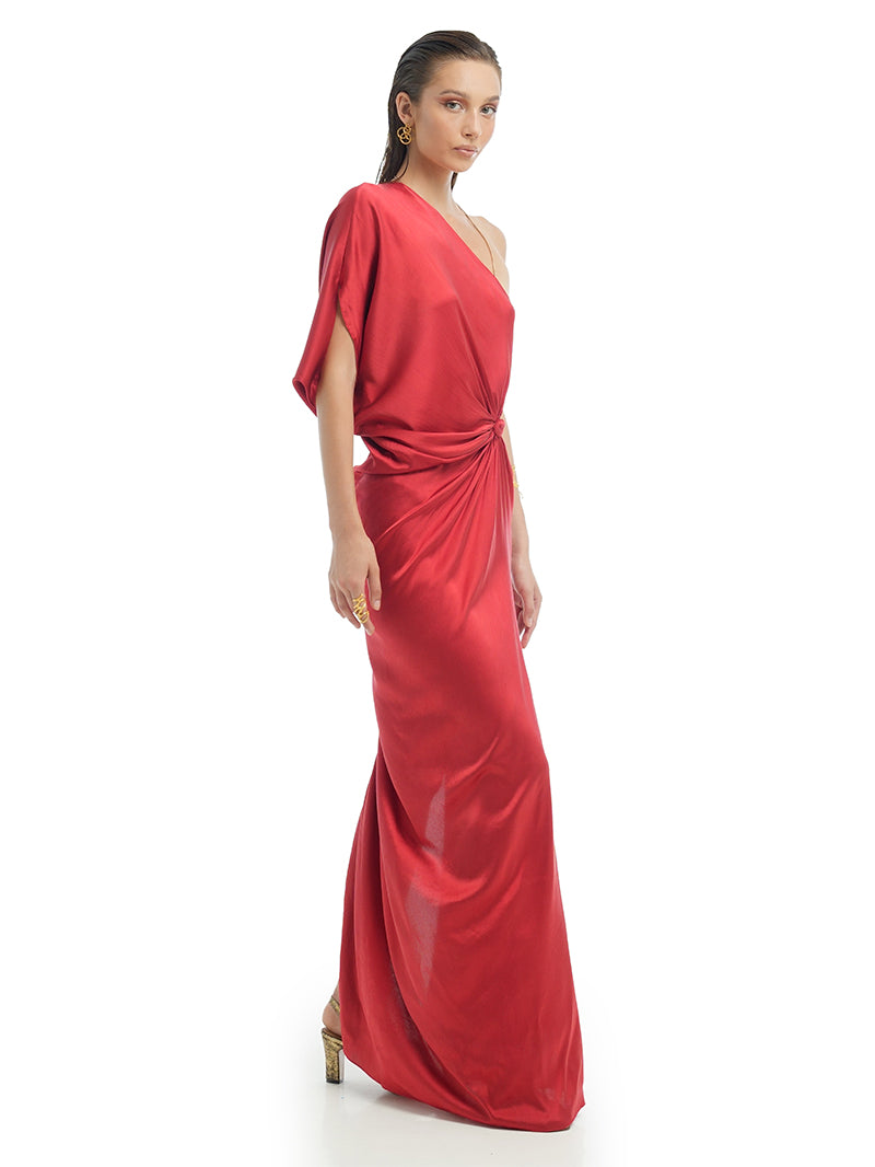 Ganesha maxi dress in red, quarter front view - worn by model