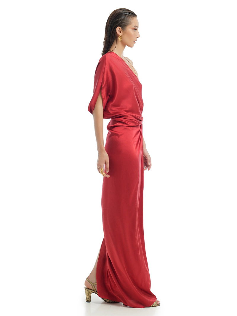 Ganesha maxi dress in red, side view - worn by model
