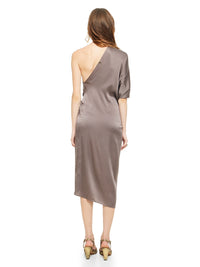 Ganesha midi dress in grey-taupe styled with Margot heels, back view - worn by model