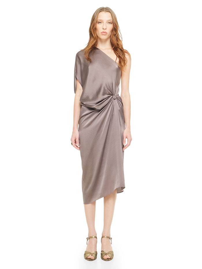 Ganesha midi dress in grey-taupe styled with Margot heels, front view - worn by model