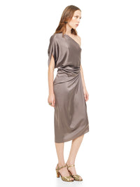Ganesha midi dress in grey-taupe styled with Margot heels, quarter front view - worn by model