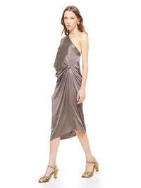 Ganesha midi dress in grey-taupe styled with Margot heels, quarter front view - worn by model