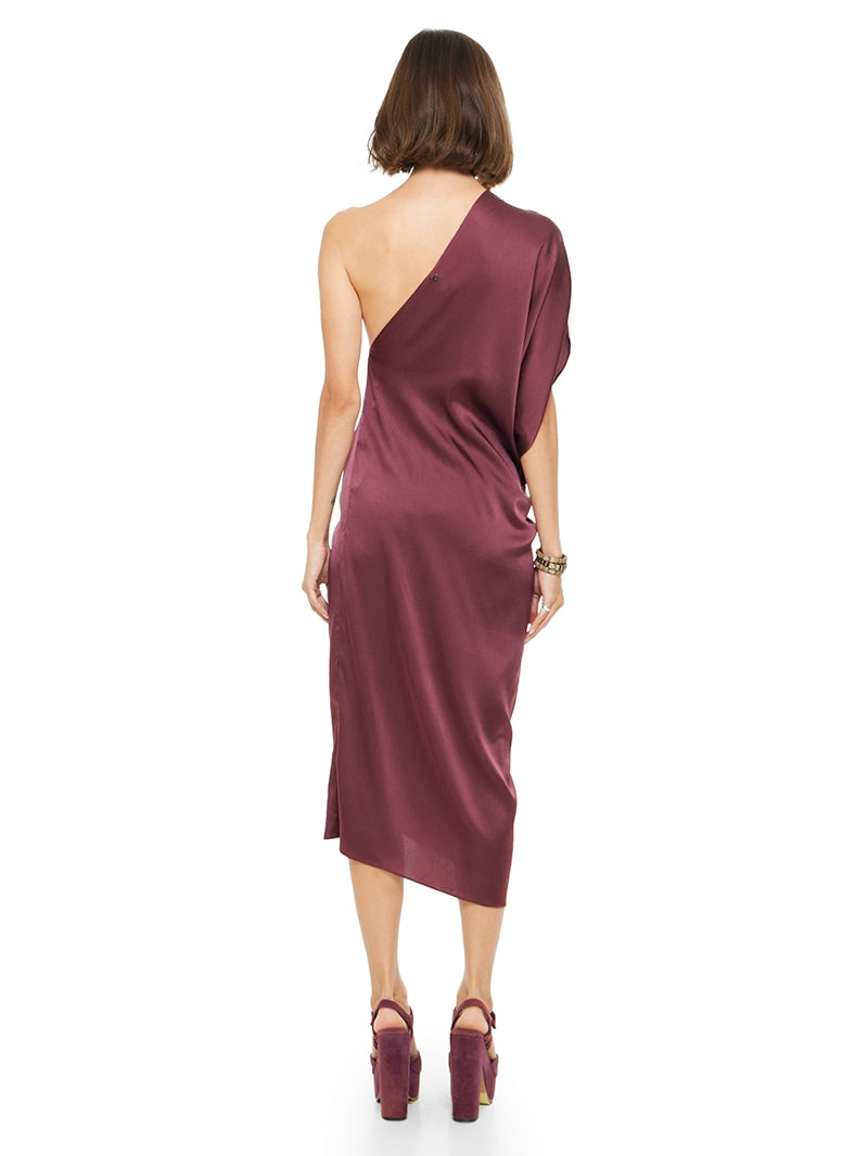 Ganesha midi dress in wine color styled with Betty heels, back view - worn by model