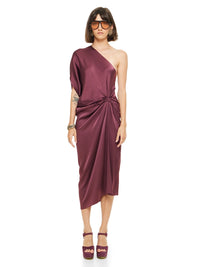 Ganesha midi dress in wine color styled with Betty heels, front view - worn by model