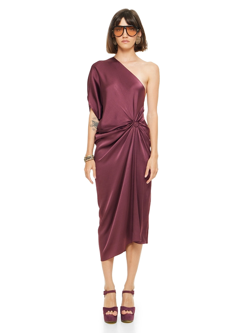 Ganesha midi dress in wine color styled with Betty heels, front view - worn by model