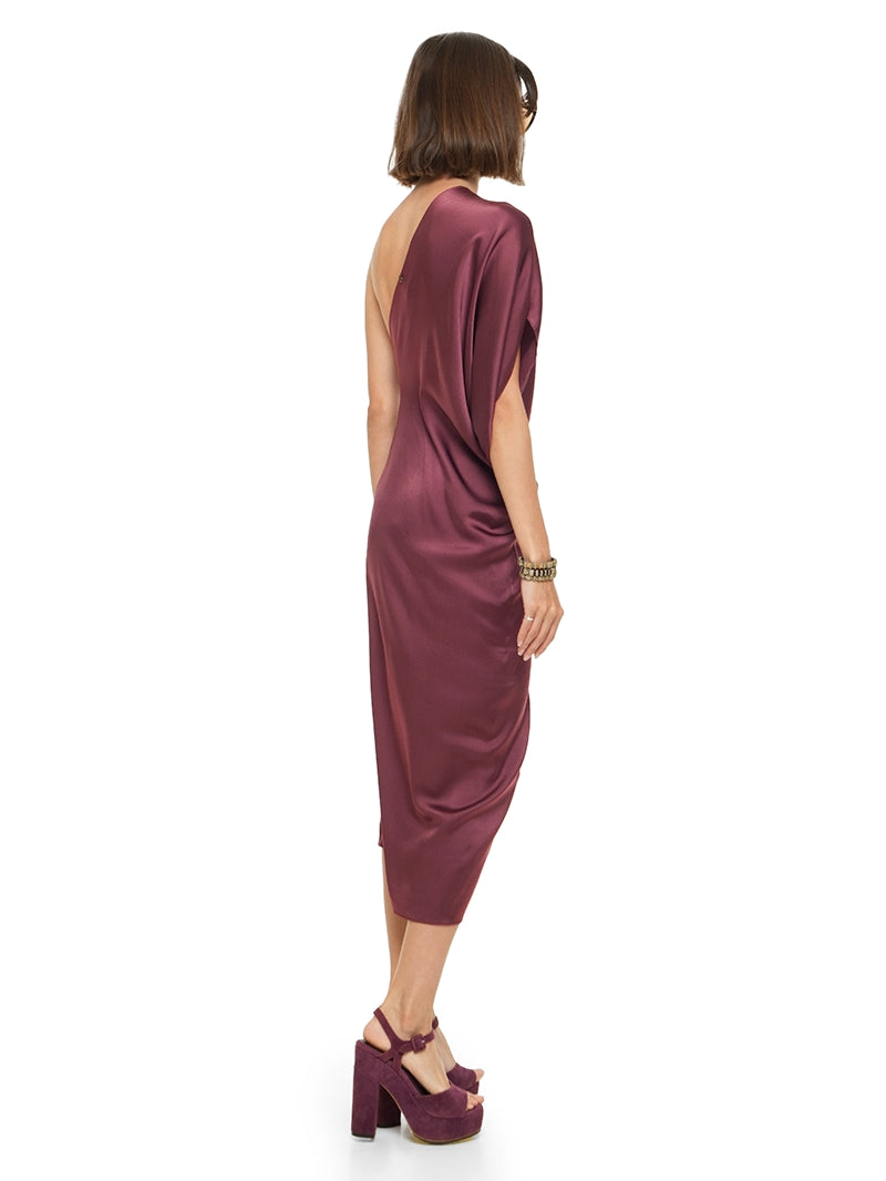 Ganesha midi dress in wine color styled with Betty heels, quarter back view - worn by model
