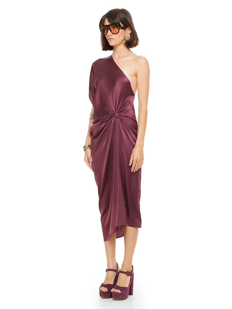Ganesha midi dress in wine color styled with Betty heels, quarter front view - worn by model
