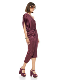 Ganesha midi dress in wine color styled with Betty heels, quarter front view - worn by model