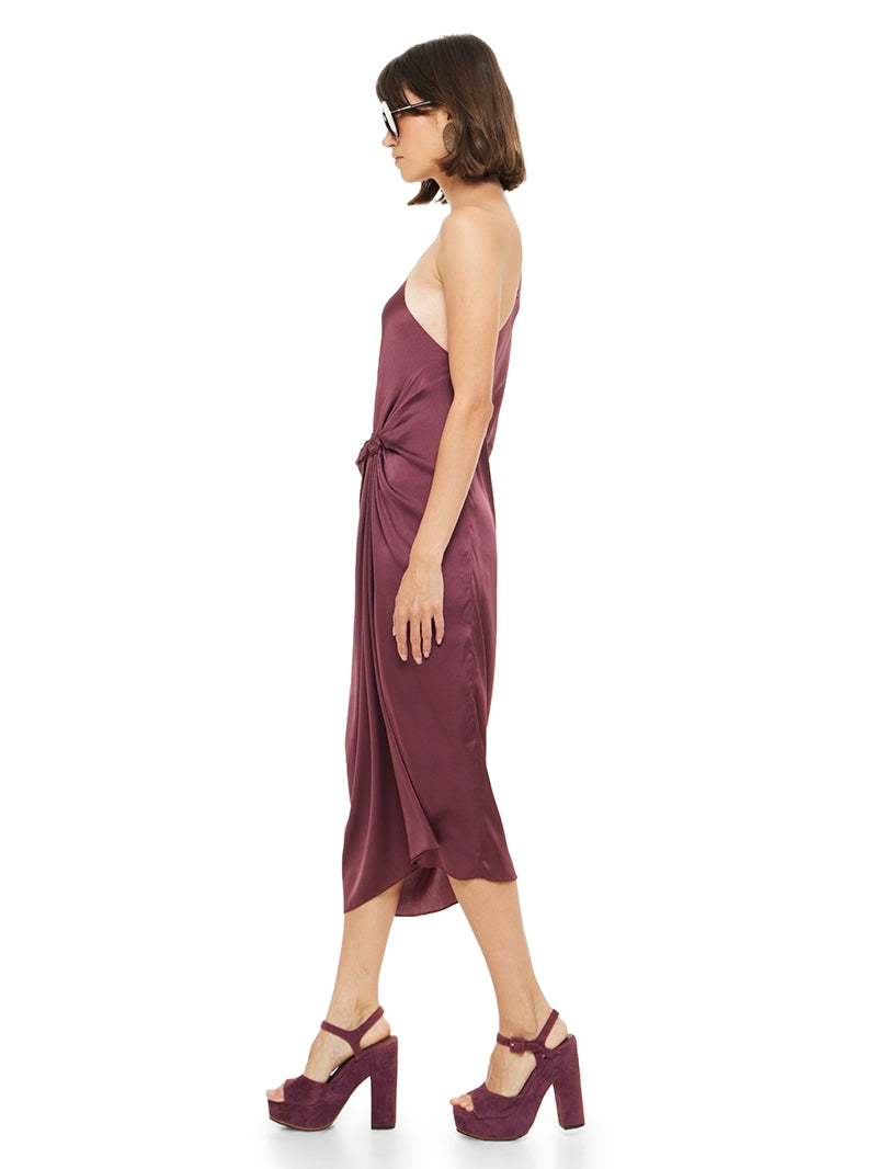 Ganesha midi dress in wine color styled with Betty heels, side view - worn by model