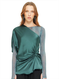 Ganesha one-shoulder top, front close view - worn by model