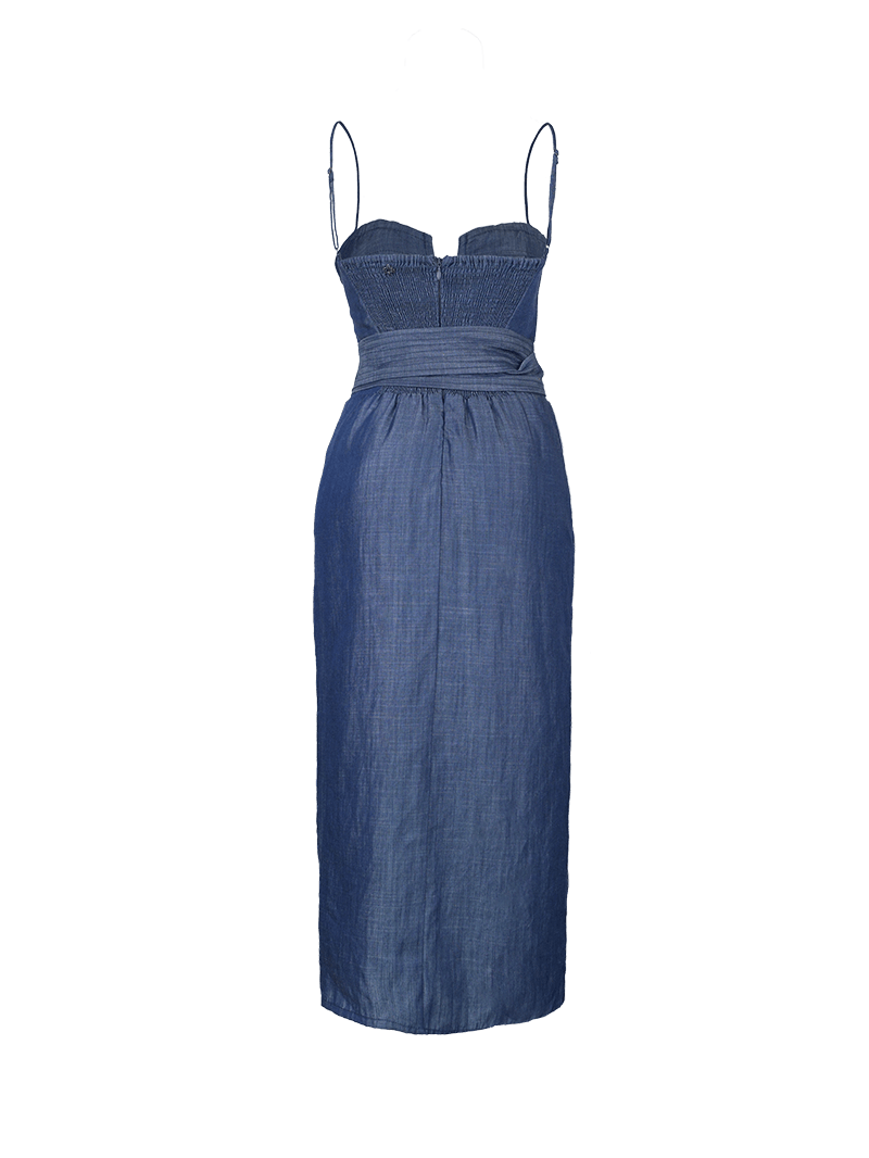 Gina midi dress in blue denim - ghost front view