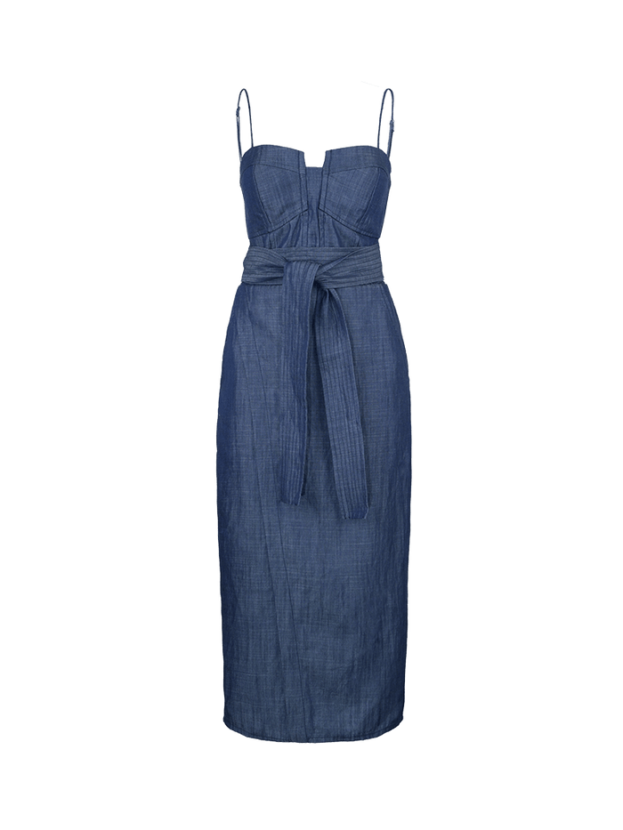 Gina midi dress in blue denim - ghost front view