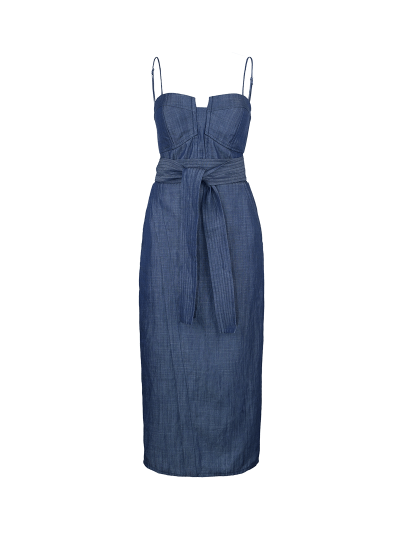 Gina midi dress in blue denim - ghost front view
