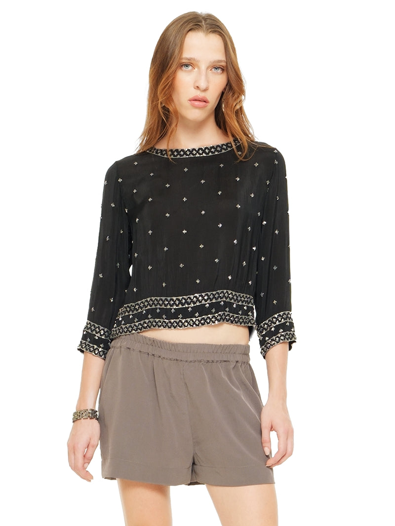 Giselle beaded top in black styled with Caravan shorts, front view - worn by model