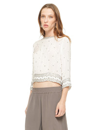 Giselle beaded top in natural color, front close view - worn by model