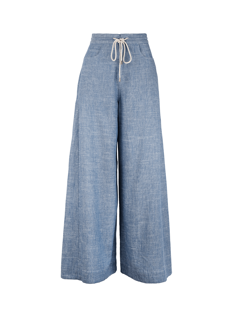Hero pants in light blue, linen wide-leg with drawstrings - ghost front view