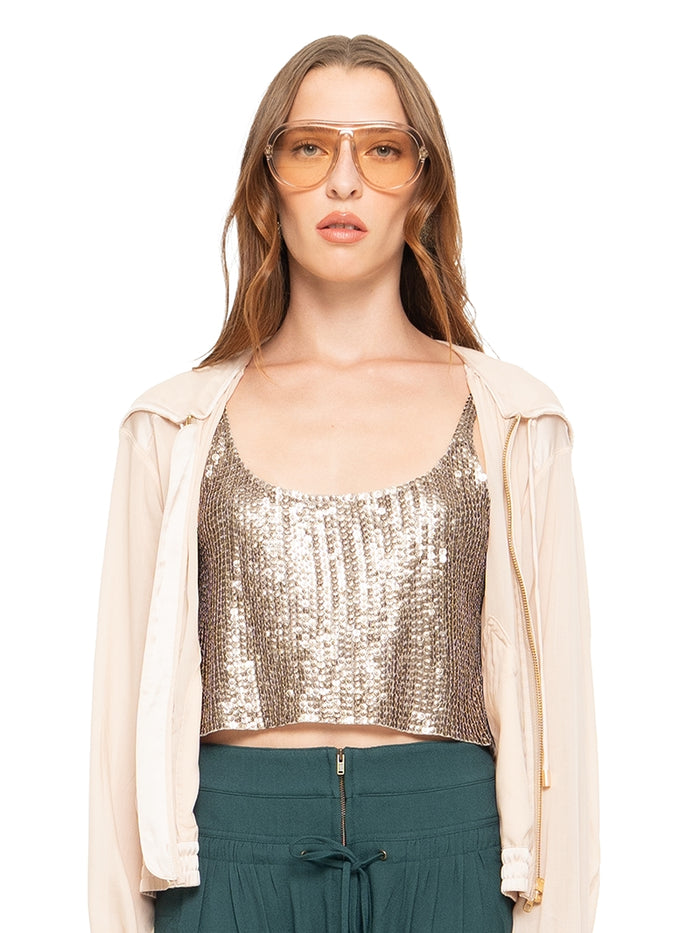 Hora beaded mini top in blush pink styled with SHeer bomber jacket in blush, front close view - worn by model