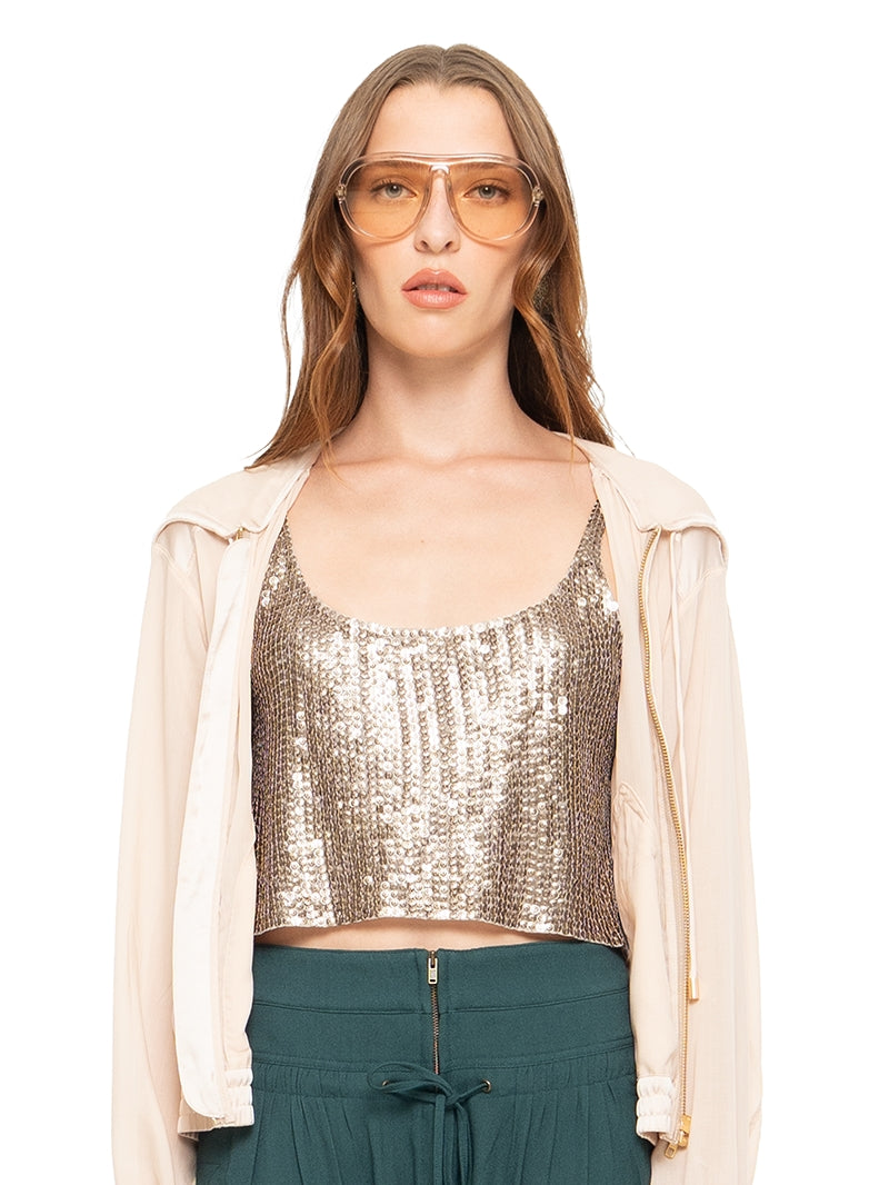Hora beaded mini top in blush pink styled with SHeer bomber jacket in blush, front close view - worn by model