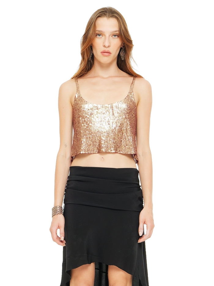 Hora beaded top in wine, styled with the Maz mini dress folded down and tied at the waist to create a skirt, front view - worn by model