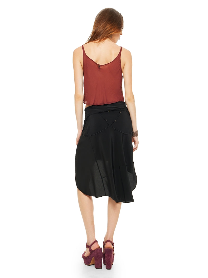 Hora beaded top in wine styled with Maz black mini dress worn as a skirt and Betty heels, back view - worn by model