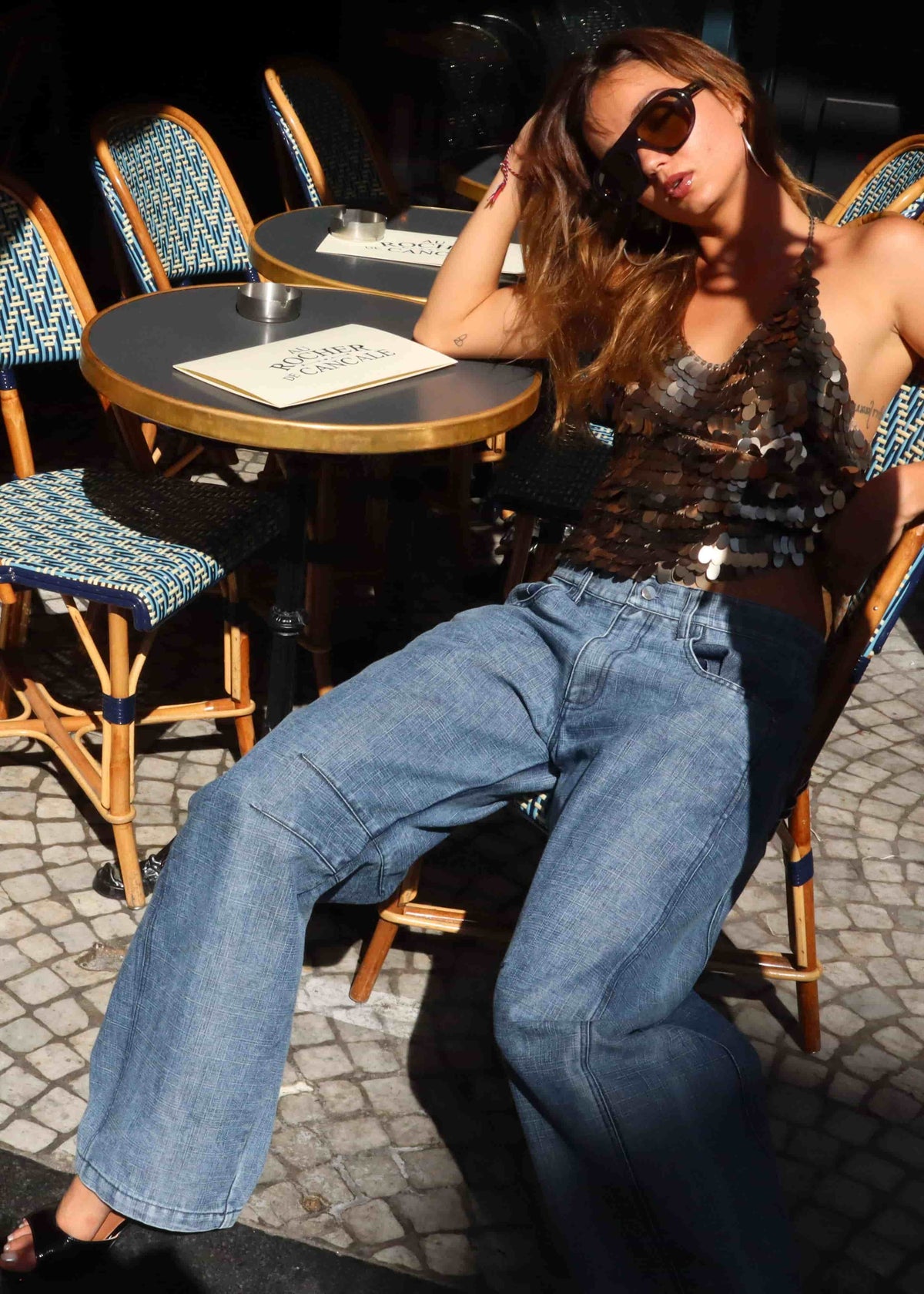 Leona sequin top in taupe, styled with Catch wide-leg jeans pants in blue wash - worn by Inka Williams