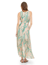 Jessabel dress featuring a botanical print in aqua, blush pink and ivory, styled with Margot flats, back view - worn by model