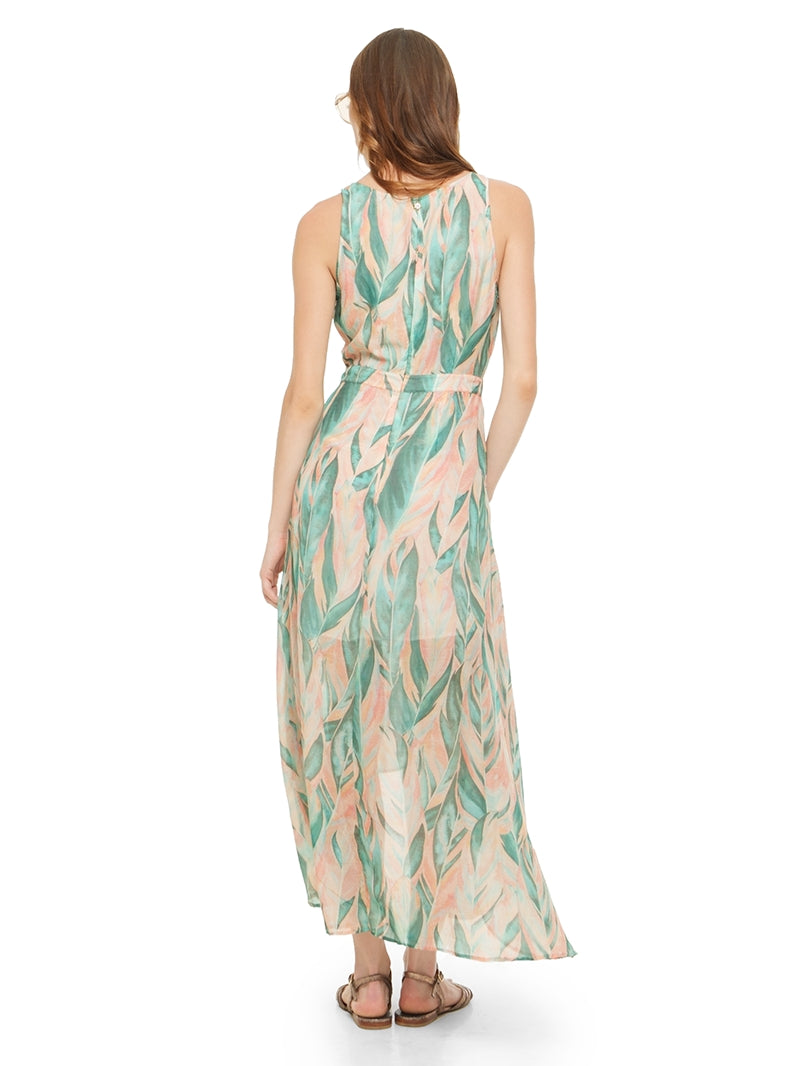 Jessabel dress featuring a botanical print in aqua, blush pink and ivory, styled with Margot flats, back view - worn by model