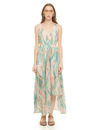 Jessabel dress featuring a botanical print in aqua, blush pink and ivory, styled with Margot flats, front view - worn by model