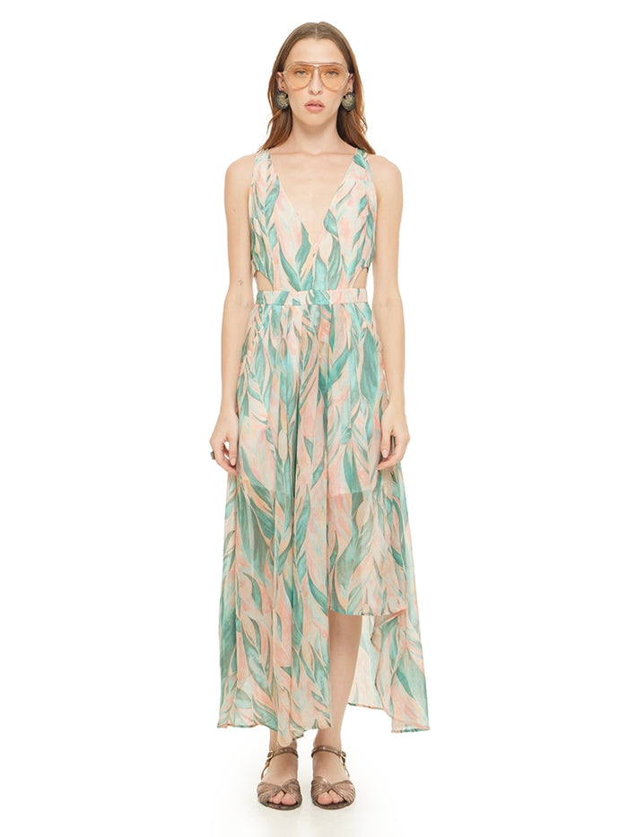 Jessabel dress featuring a botanical print in aqua, blush pink and ivory, styled with Margot flats, front view - worn by model