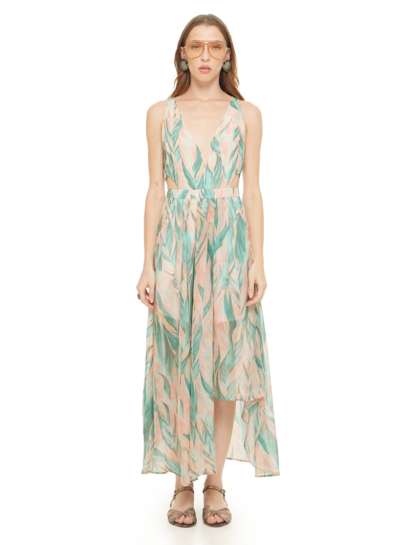 Jessabel dress featuring a botanical print in aqua, blush pink and ivory, styled with Margot flats, front view - worn by model