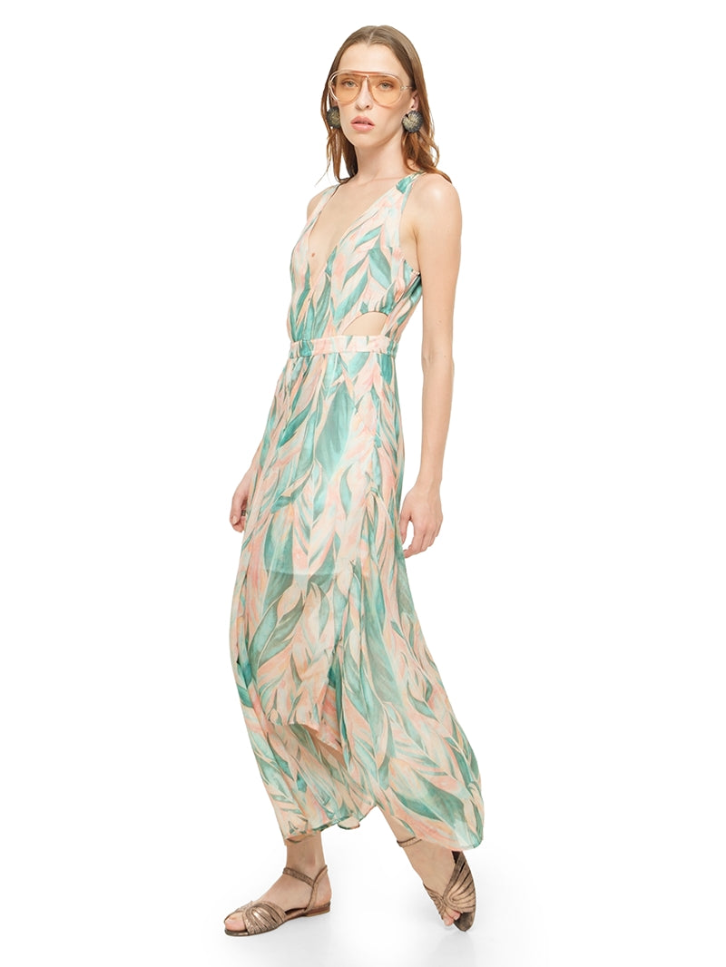 Jessabel dress featuring a botanical print in aqua, blush pink and ivory, styled with Margot flats, quarter front view - worn by model