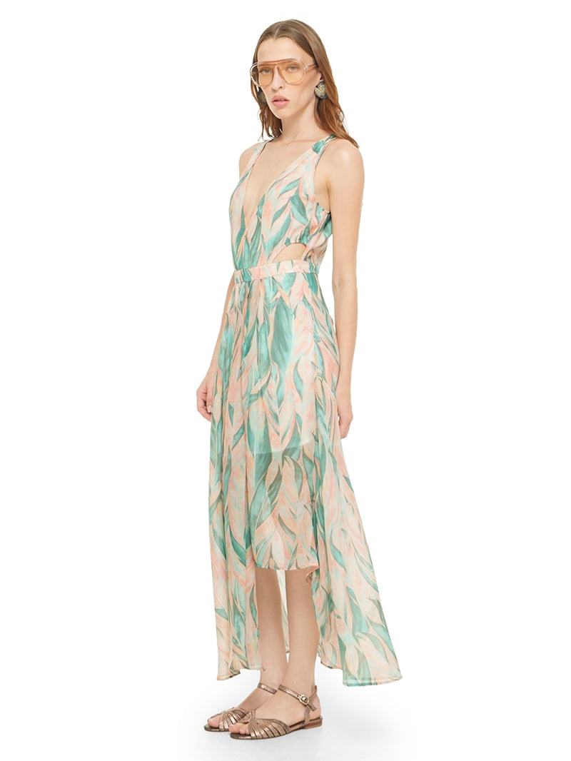 Jessabel dress featuring a botanical print in aqua, blush pink and ivory, styled with Margot flats, side view - worn by model
