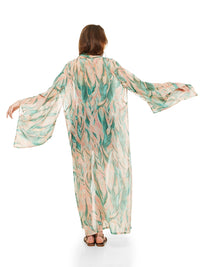 Kyoto maxi kimono featuring a botanical print in aqua, blush pink and ivory, back view - worn by model