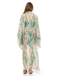 Kyoto maxi kimono featuring a botanical print in aqua, blush pink and ivory, back view - worn by model