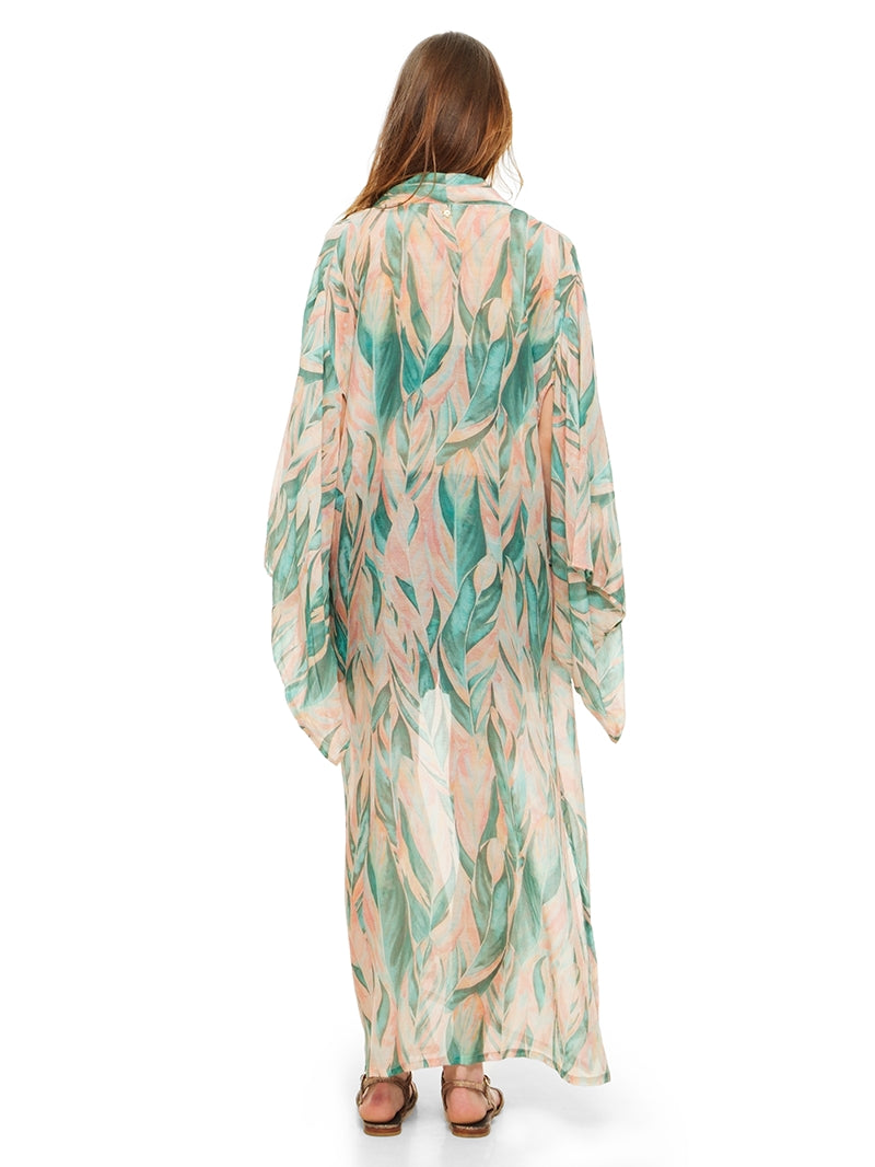 Kyoto maxi kimono featuring a botanical print in aqua, blush pink and ivory, back view - worn by model
