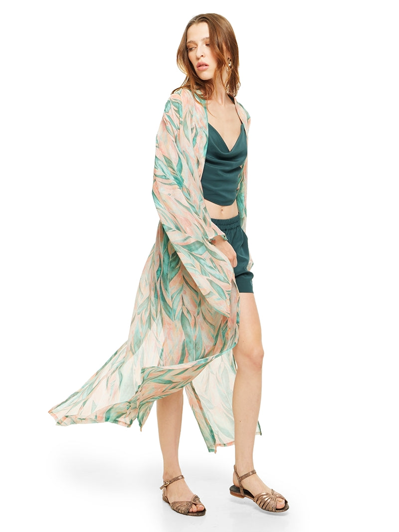 Kyoto maxi kimono featuring a botanical print in aqua, blush pink and ivory, styled with Maz top, Caravan shorts and Margot flats, quarter front view - worn by model