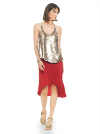 Leona sequin top in brown animal prints styled with Maz mini dress in red and Margot heels, front view - worn by model