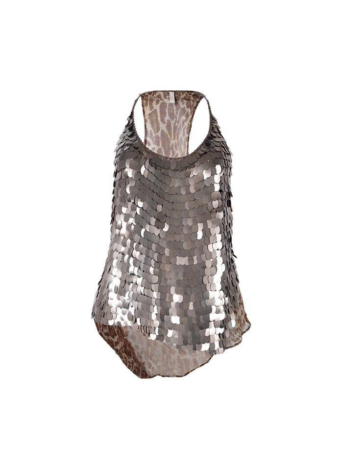 Leona sequin halter top in brown animal prints - ghost front view