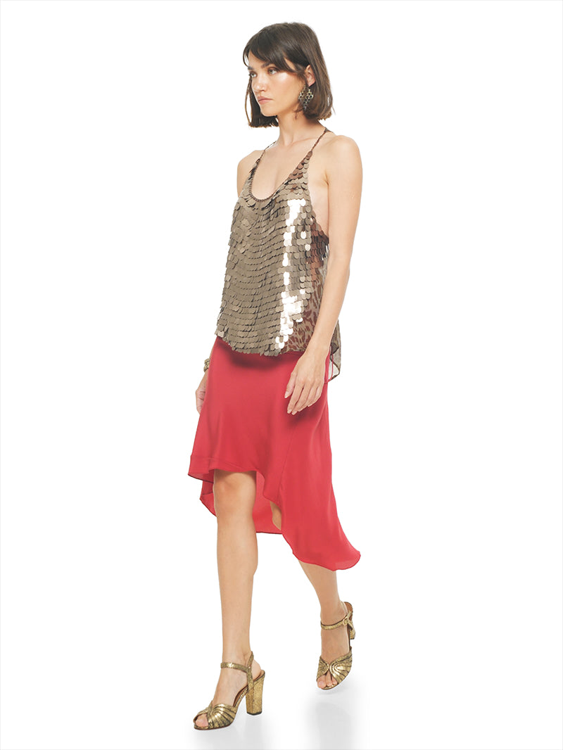 Leona sequin top in brown animal prints styled with Maz mini dress in red and Margot heels, quarter front view - worn by model