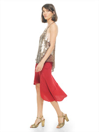 Leona sequin top in brown animal prints styled with Maz mini dress in red and Margot heels, side view - worn by model