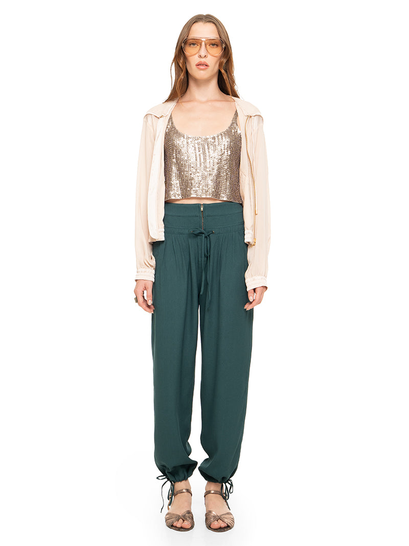 Luma pants in pine green styled with Hora beaded top, Sheer bomber jacket and Margot flats, front view - worn by model
